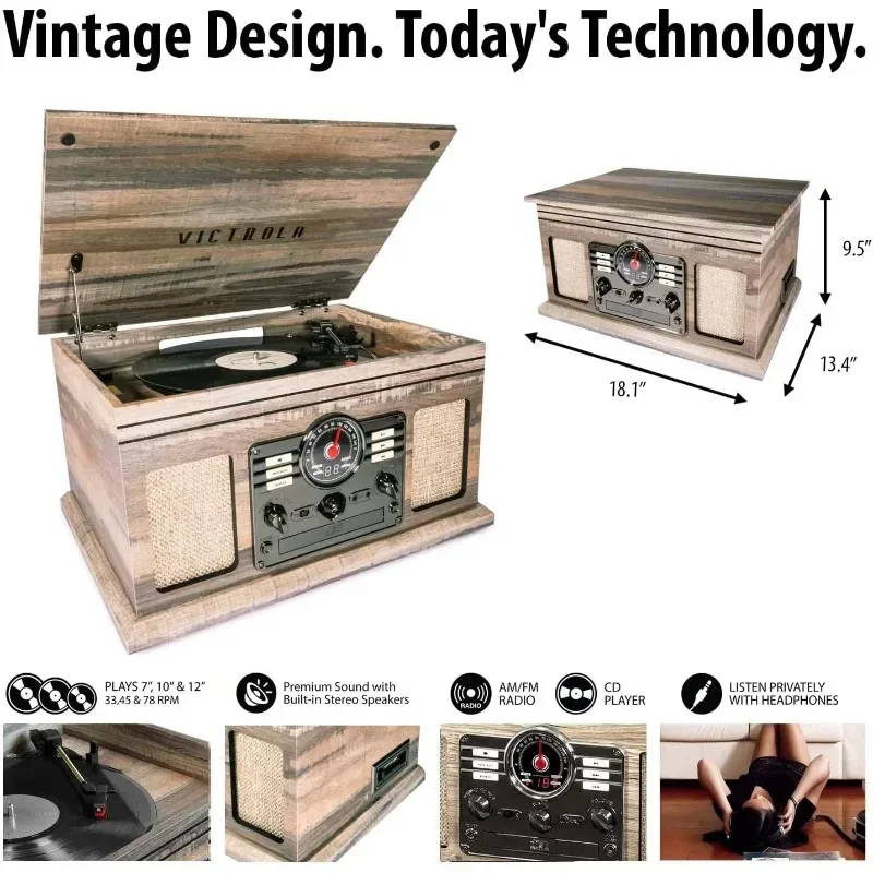 Nostalgic 6-in-1 Bluetooth Record Player & Multimedia Center with Built-in Speakers - 3-Speed Turntable, CD & Cassette Player