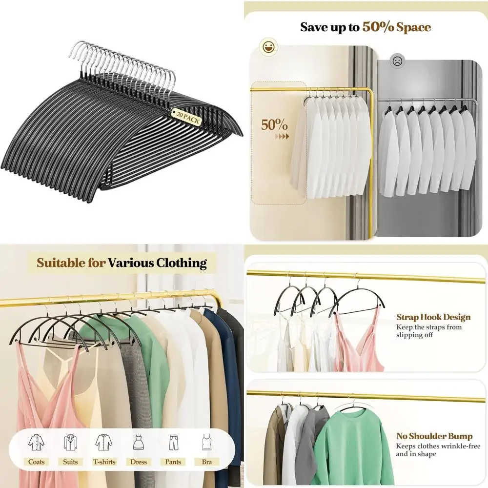 

20-Pack Heavy-Duty Metal Hangers with Non-Slip PVC, Prevents Shoulder Bumps, Space-Saving for Various Garments in Black