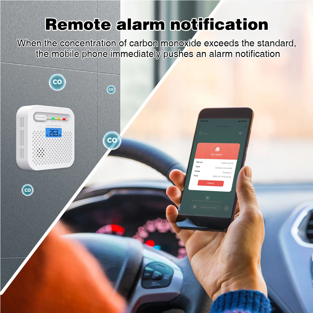 LELLKI WiFi Smart Carbon Monoxide Detector CO Alarm 85dB Suara dengan Layar Digital LCD Tuya Smart Life App Remote Control Voice