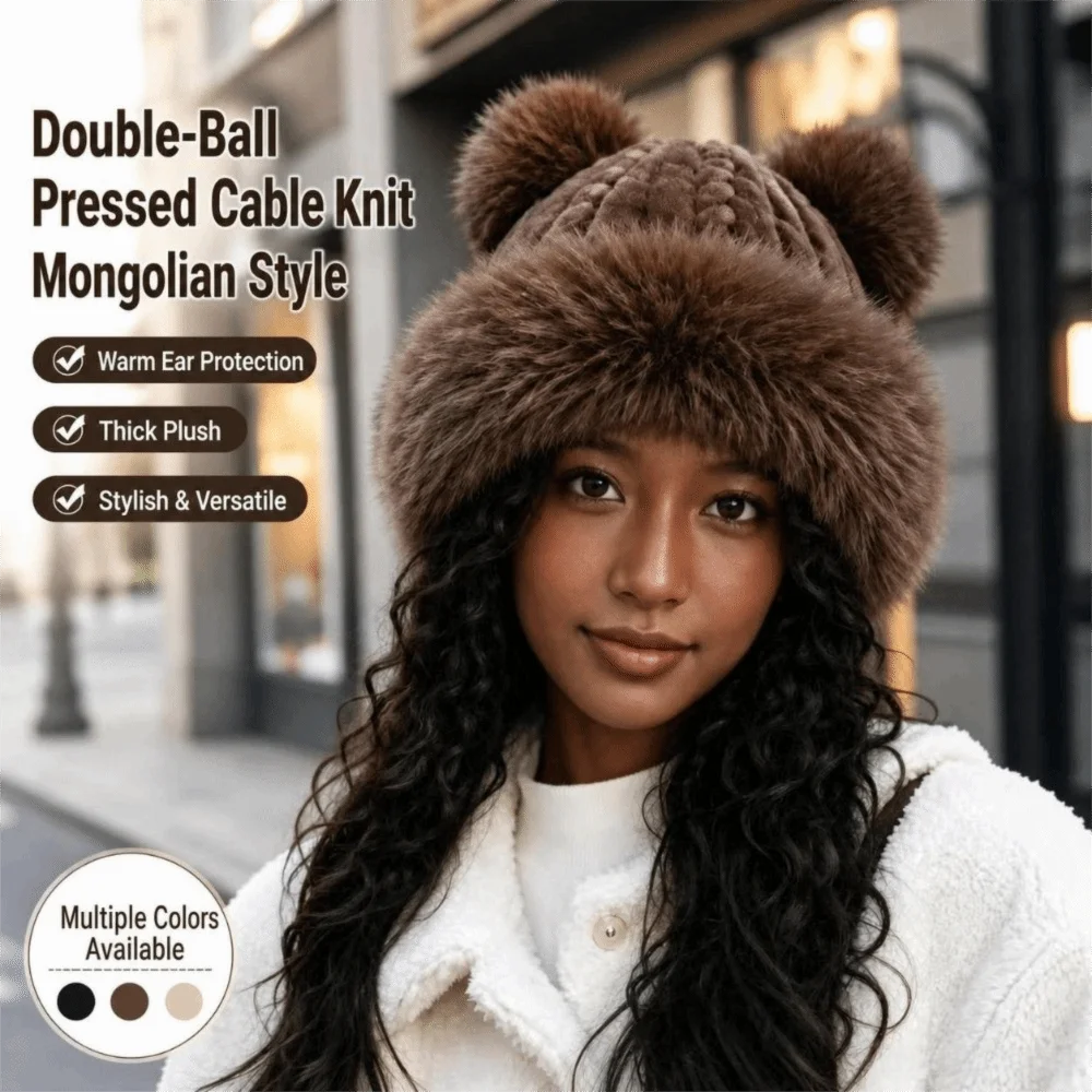 Polyester Cable Knitted Hat Cold Proof Fur Trim Fluffy Mongolian Hat Face Slimming 58cm Head Circumference Ear Flap Hat