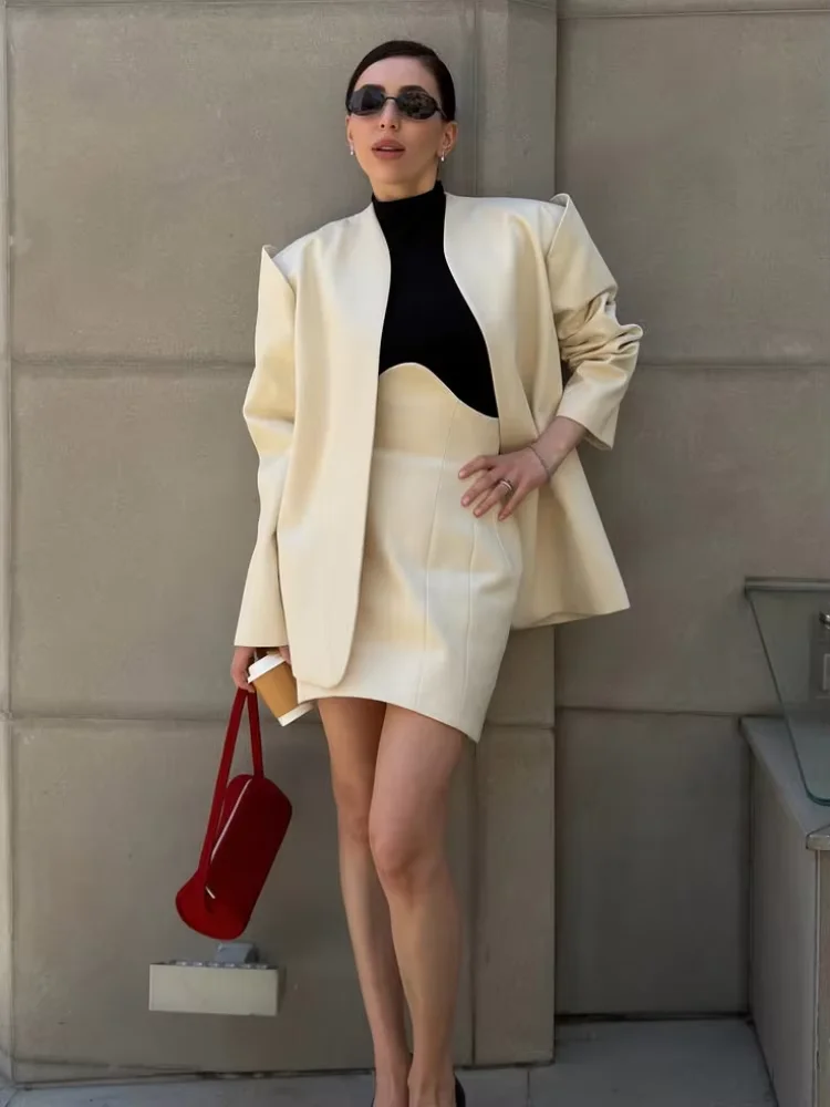Elegant Women Solid Blazer Skirt Set Shoulder Pad Coat Corset Waist Mini Skirts Autumn Elegant Office Streetwear Matching Outfit