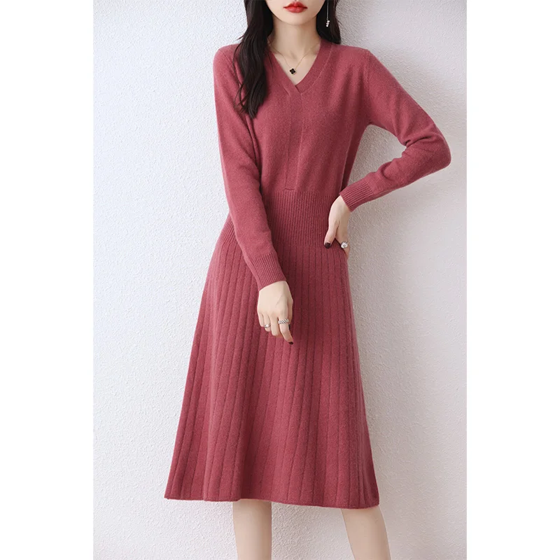 Autumn and winter new 100% pure wool knitted dress waist long sleeve base mid-length sweater dress over the knee knitted skirt