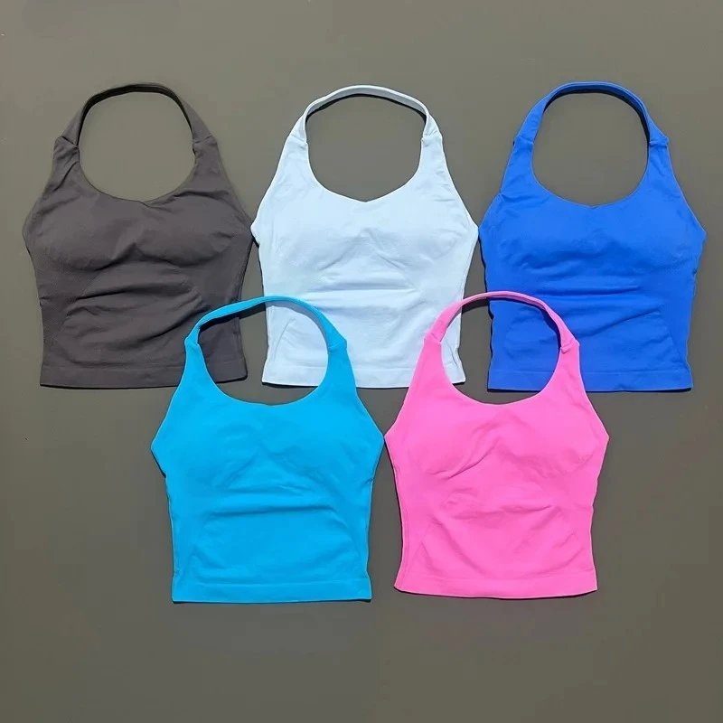 

No Logo Yoga Top Women Impact Halter Seamless Longline Strappy Gym Built-in Bra Removable Cups Activewear Tank Tops Wholesale