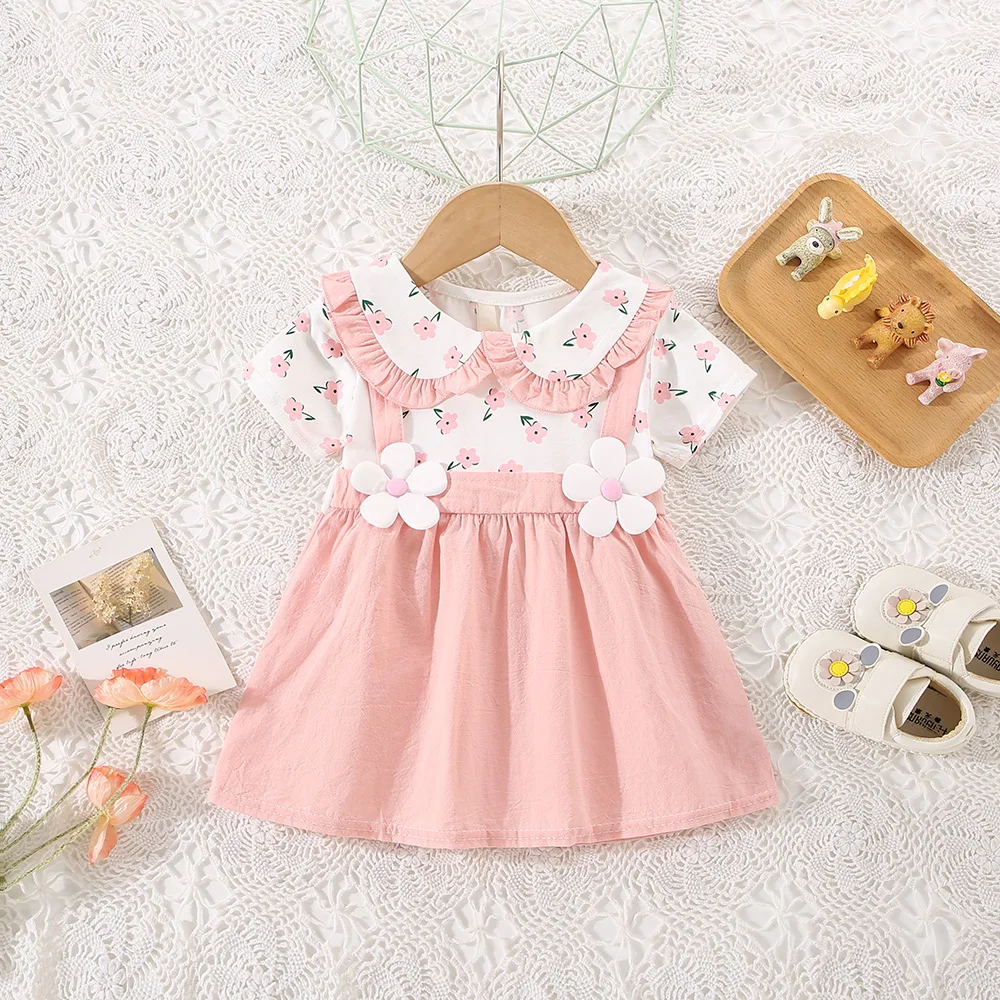 Summer New Baby Girls Dress Short Sleeve Lapel Lace Pleated Flower Pattern Halter Pleated Sweet Princess Dress (0-3 Years)