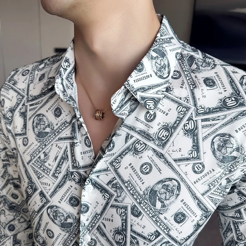 Fine Foreign Trade High-grade Lapel Long-sleeved Shirt Digital Dollar Bills Printed Slim-fit Shirt Fabric Soft Casual Everything