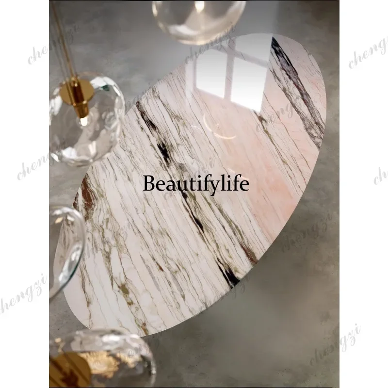 Natural smoke powder luxury stone dining table light luxury high-end restaurant marble custom oval