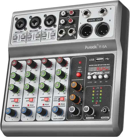Aveek Mezclador de audio profesional, consola mezcladora de placa de sonido con efecto de retardo de eco Bluetooth USB digital de 5 canales, entrada estéreo de 48 V