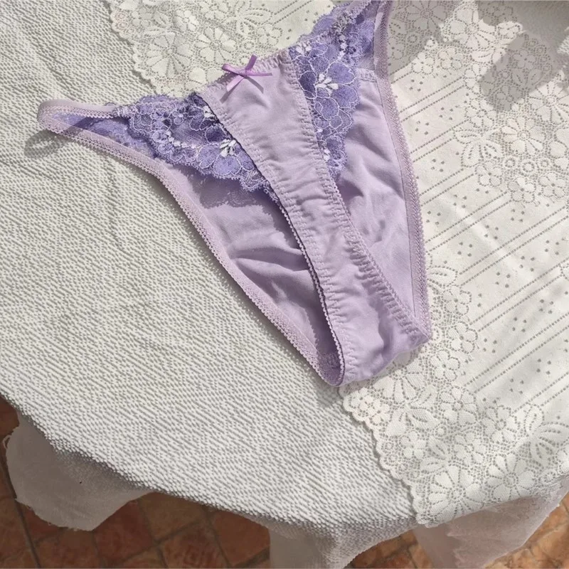 Purple Lace Embroidery Man's Thong Low-rise Convex Pouch Bow Sissy T-back G-string Briefs Sexy Lingerie