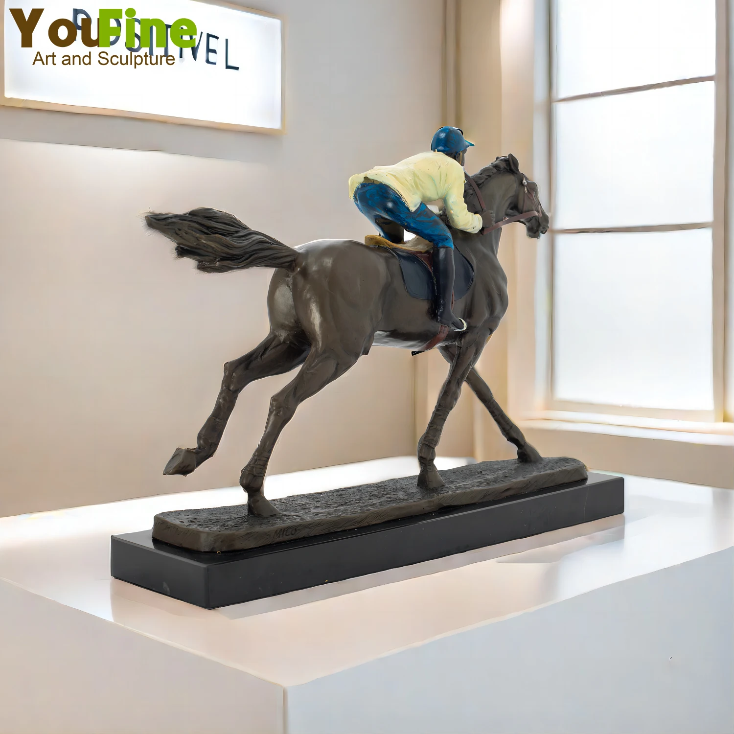 Bronze Jockey Ridding Horse Sculpture Recing Horse Bronze Statue With Marble Base For Home Indoor Decoration Ornament Gifts