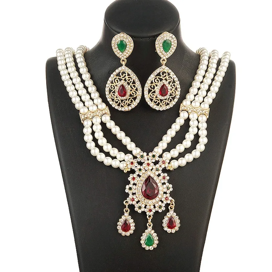 Algerian Wedding Jewelry Set for Women Pearl Necklace Choker Crystal Pendant Earrings Luxury Dubai Jewelry Elegant Sets Fashion