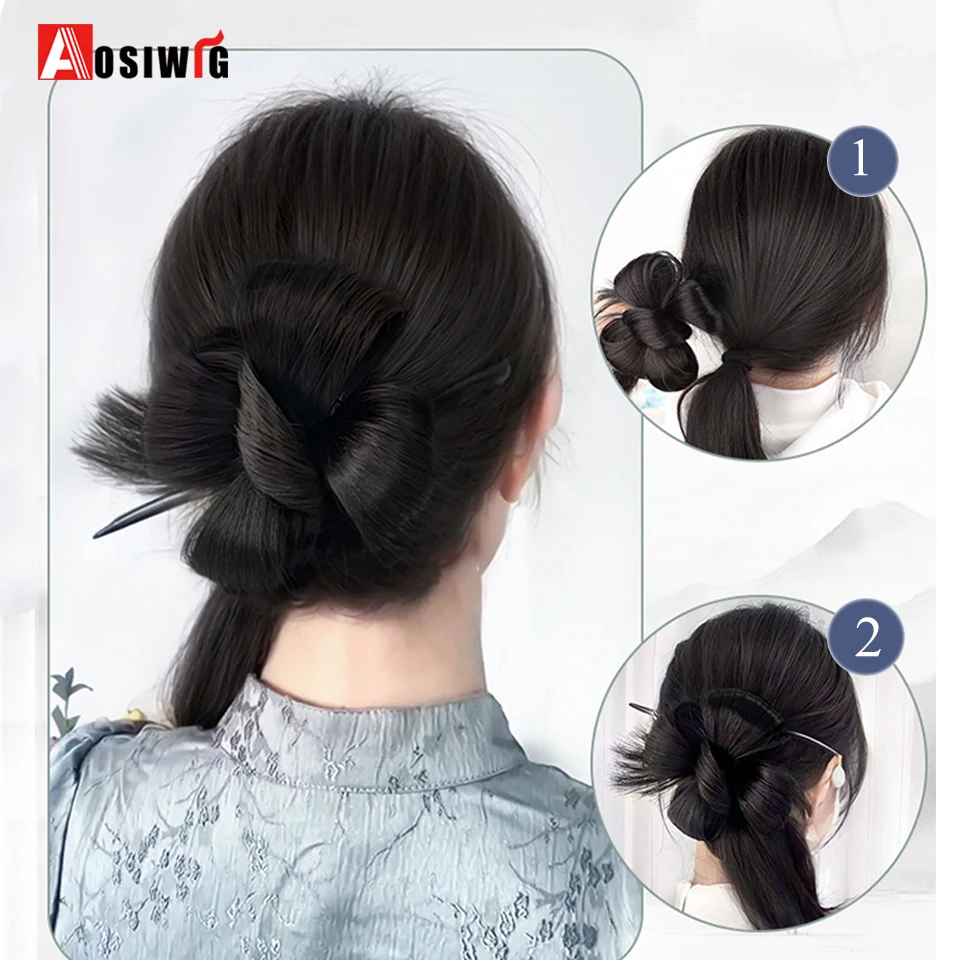 Synthetic Maruki Head Wig Circle New Chinese style bride's curled hair bun clip in the hair and ponytail ancient style wig bag