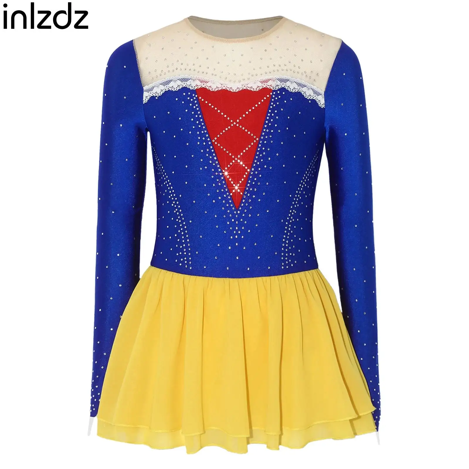 

Sparkly Rhinestone Ice Skating Competition Dress for Girls Mesh Patchwork Long Sleeve Lace Trim Princess Figure Dress Outfit