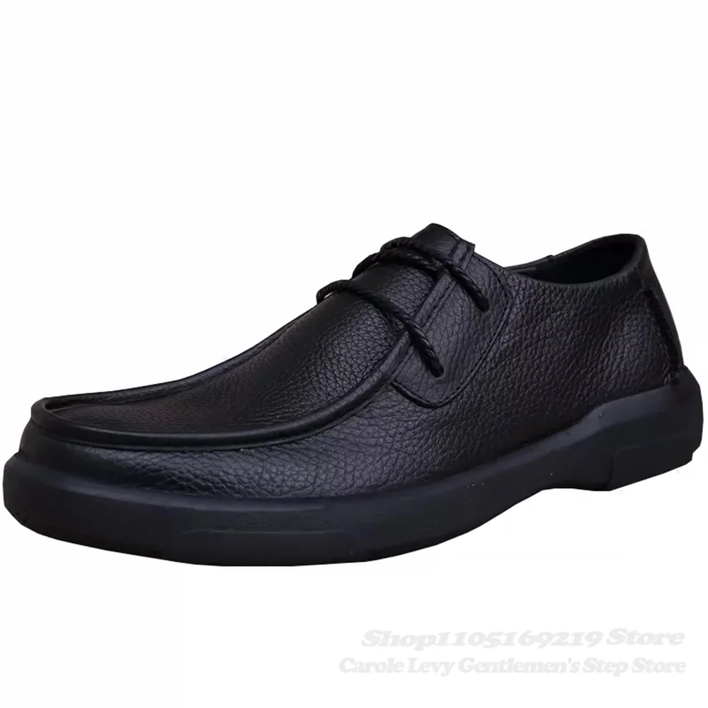 Summer British Style Business Leather Shoes Breathable Round Toe Trendy Thick Sole Soft Leather Lace Up Single Shoes for Men