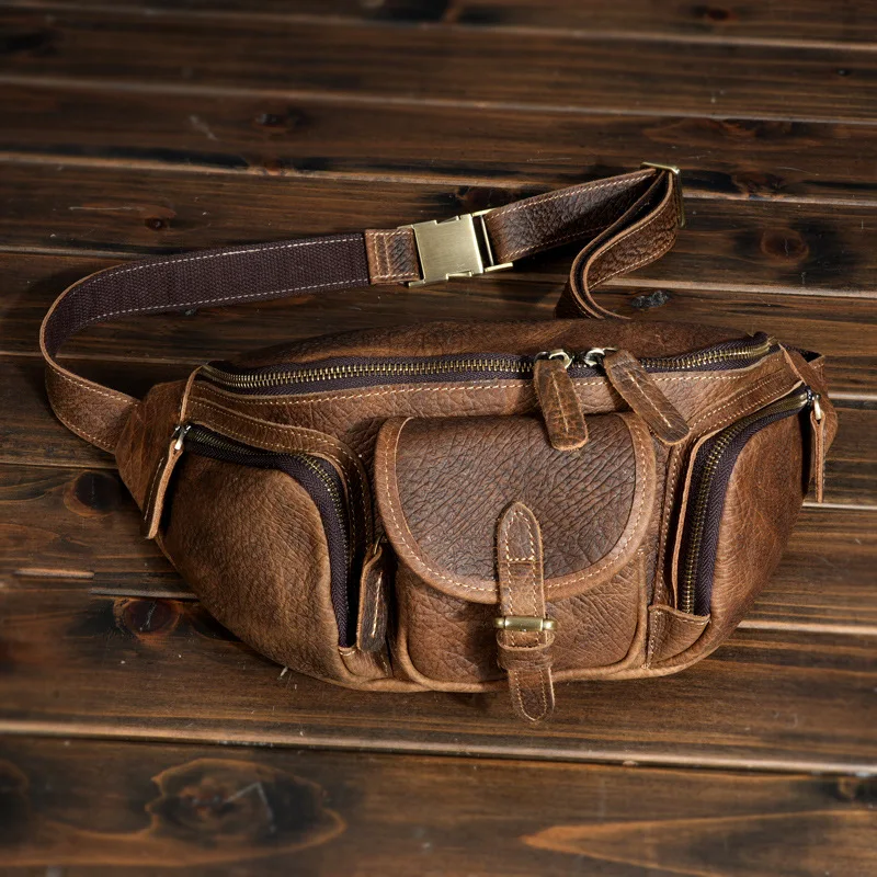 Men's Vintage Full-Grain Leather Waist Pack Crossbody Bag, Crazy Horse Chest Bag for Hiking Travel Outdoor