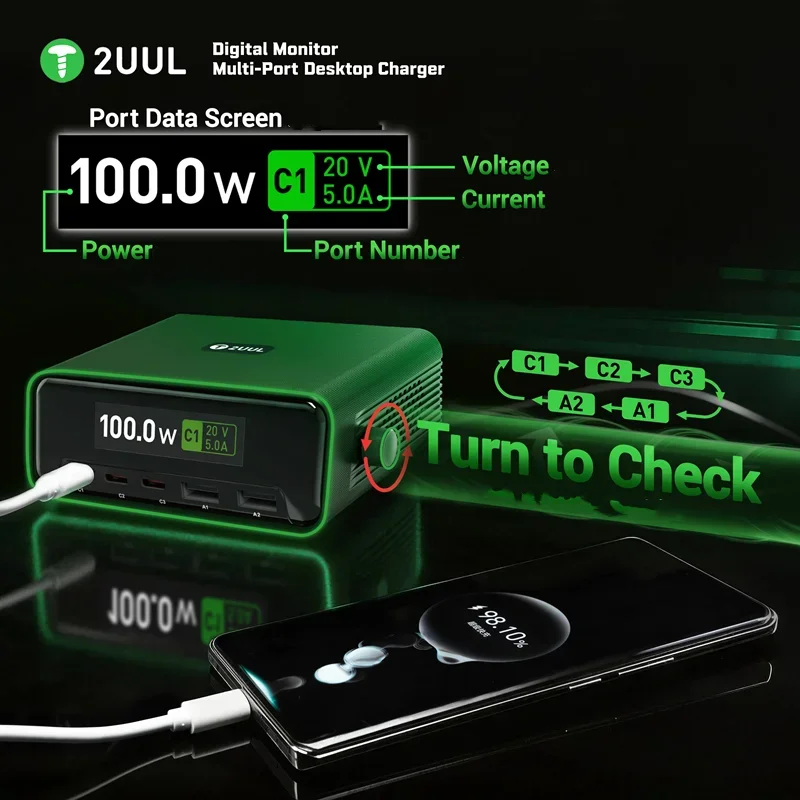 2UUL PC12 100W Multi-Port Desktop Charger Digital Monitor 5-Port USB-C PD Fast Charging Station for Phone Laptop Repair