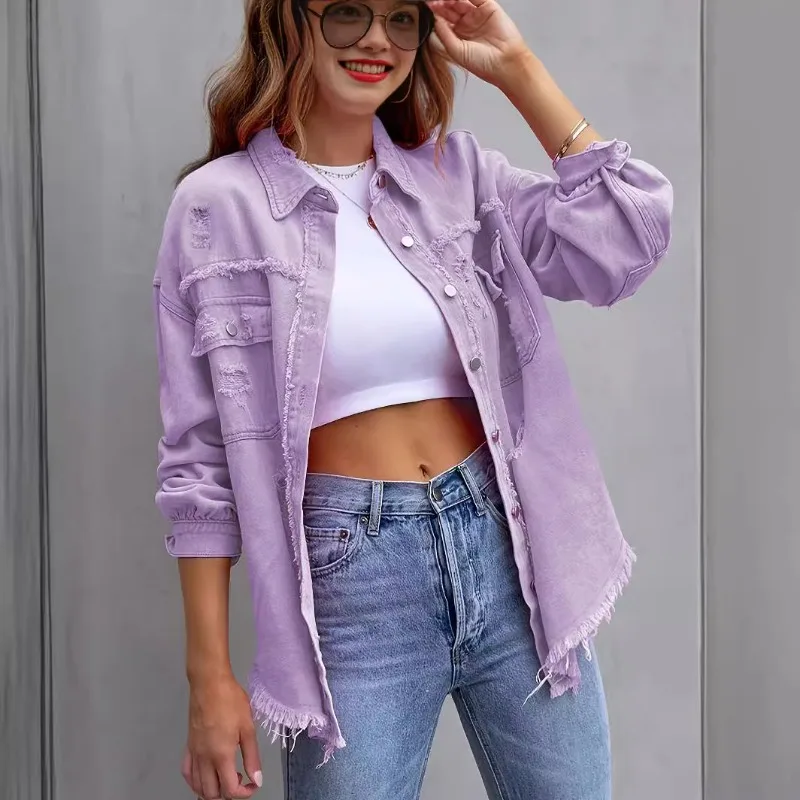 2024 New Broken Holes Solid Color Denim Jacket Ladies Comfortable Casual Loose Button Cardigan Coat Streetwear Women\'s Outerwear