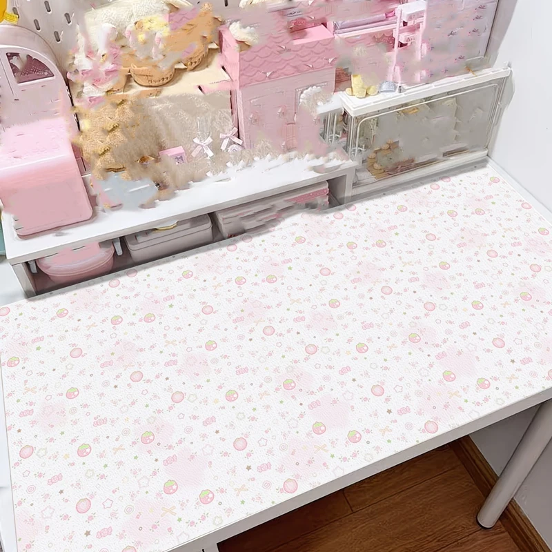 PU Leather Mouse Pad Pink Girl Strawberry Love Sticky Notes Mouse Pad Office Desk Mat Waterproof Non-Slip PU Desk Blotter Pad