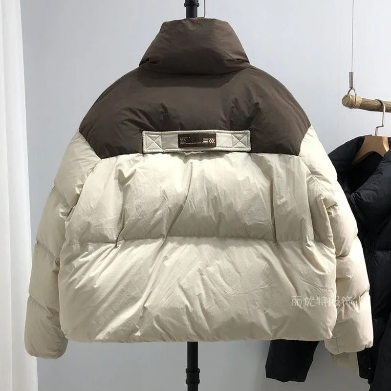 Preppy Style Short Down Winter Woman Clothes Parkas Loose Patchwork Cootrast Color Thicken Stand Collar Zipper All-match Cotton