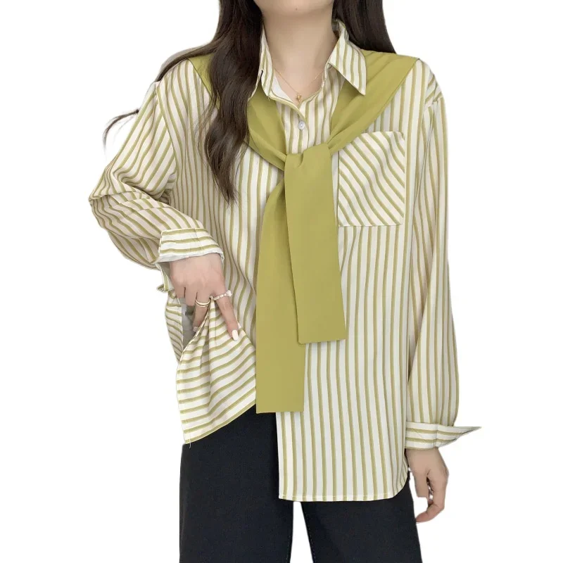 

2024 Autumn New Shawl Spliced Fake Two Striped Shirts Women Long Sleeve Simple Casual Loose Chiffon Blouse Female Top Tunics