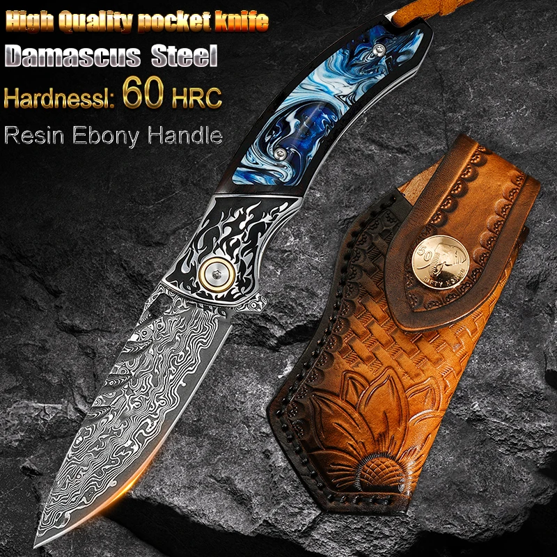 Damascus Steel Sharp Fruit Folding knife Tactical Saber Outdoor camping Hiking hunting survival knife EDC Tool Pocket Clip knife