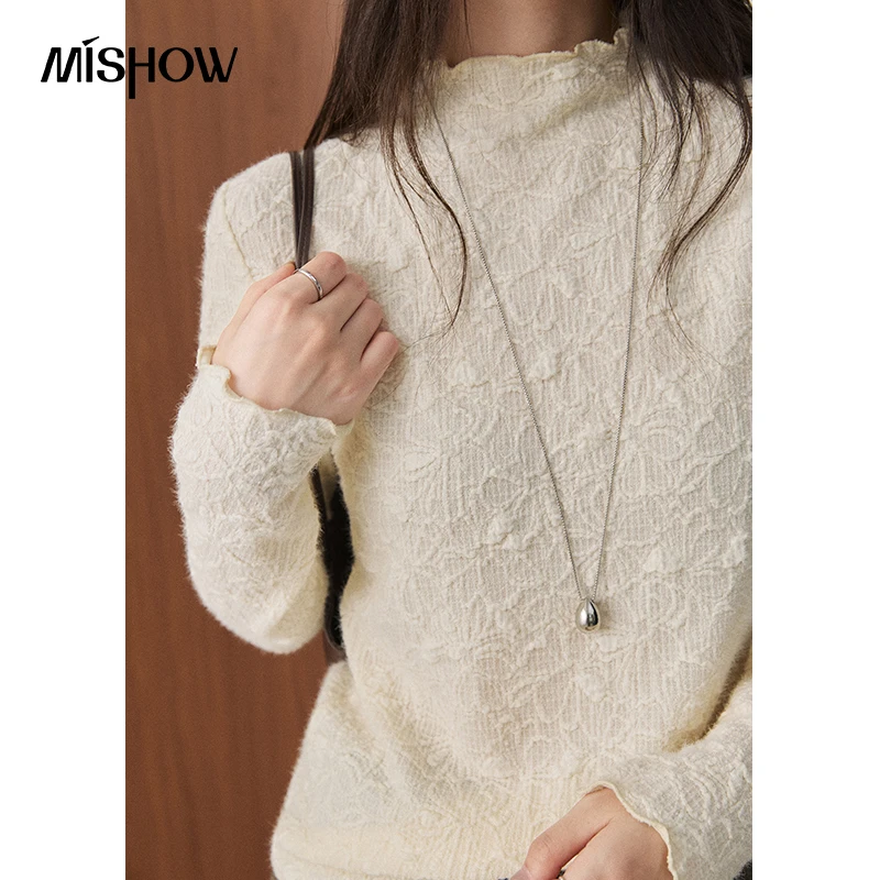 MISHOW Women Long Sleeve Tops Delicate Fleece Ruffle Trim Brushed Lace Base Blouse 2026 Fall Winter Slim Soft Clothes MXF51X2815