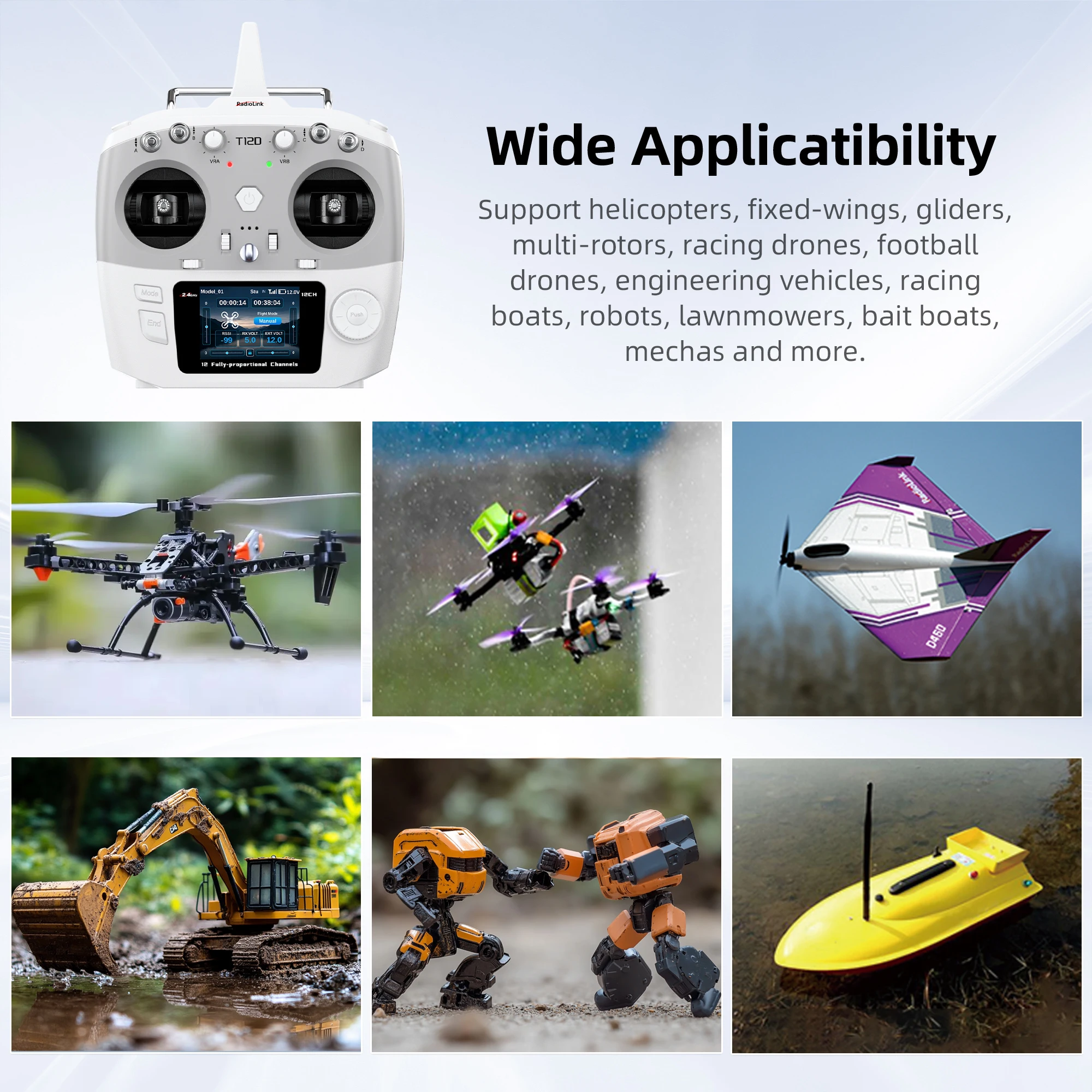 RadioLink T12D JR Module 12CH 2.4GHz RC Transmitter & R12F 8 Programmable Mix FHSS 50 Models 4KM for FPV Fixed Drone Car Boat