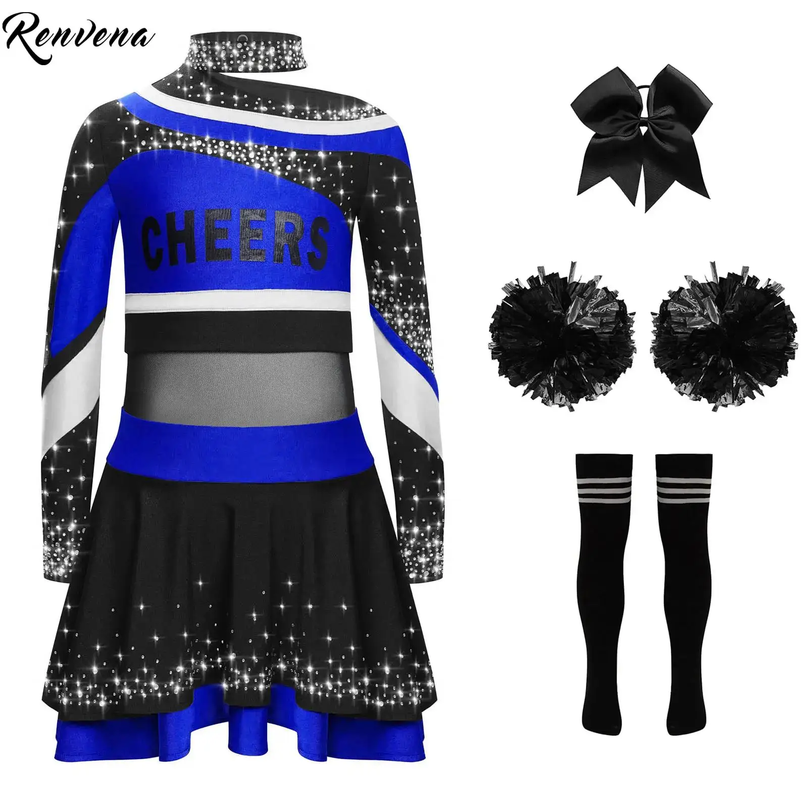 

Kids Girls Cheerleading Outfits Dance Uniform Long Sleeve Rhinestones Top with Skirt with Headwear Striped Socks Stage Costume
