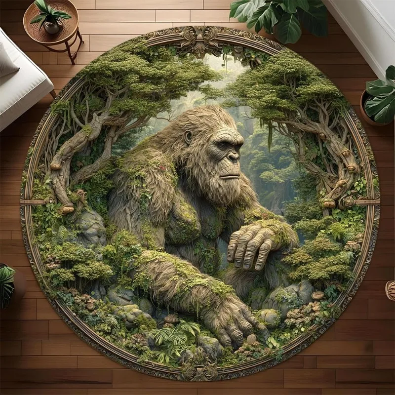 Gorilla Forest Round Rug Mysterious Low Poly Pine Woods Non-Slip Soft Floor Mat Gothic Outdoor Themed Home Decor Carpet