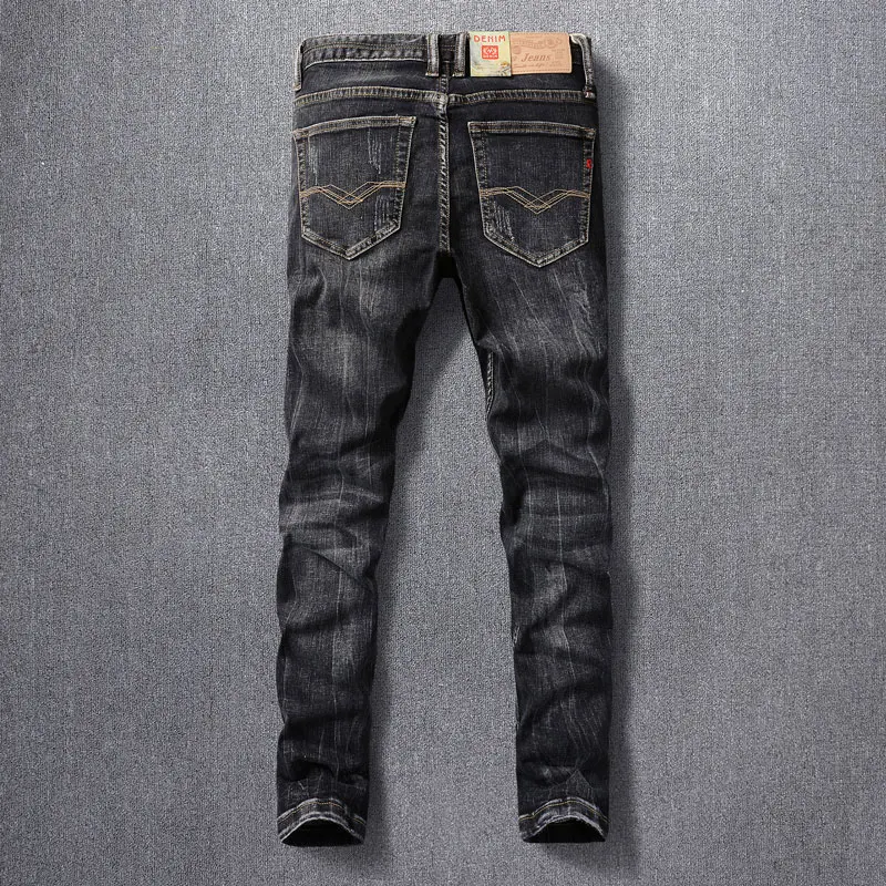 Hombrefashion Men's Stretch Slim Fit Jeans Y2K Nostalgic Black/Grey Italian Designer Embroidered Hip-Hop Pants