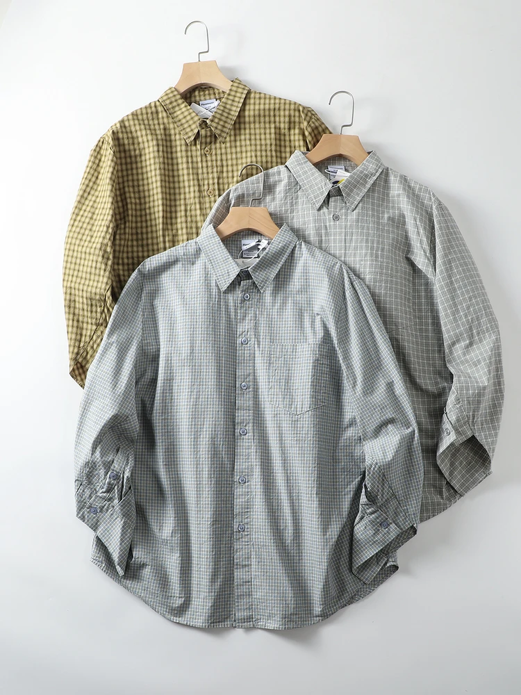 

Мужская рубашка в американском ретро-стиле с длинным рукавом, из чистого хлопка, с цветным клетчатым узором, свободного кроя, с отложным воротником, повседневная, модная.