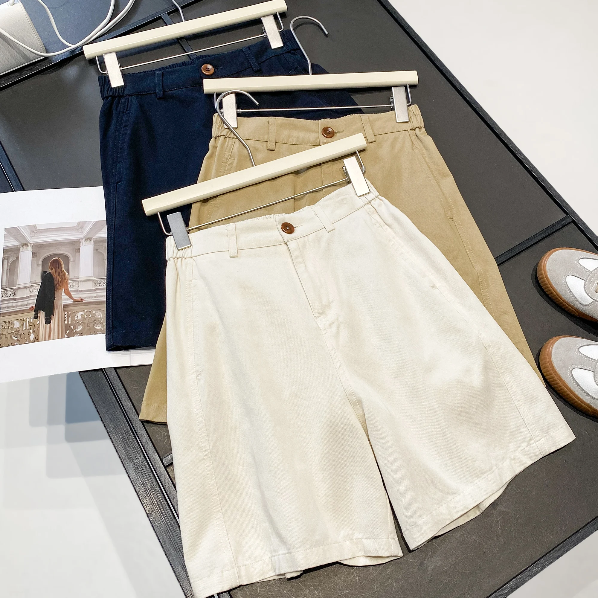  Cotton High Waist A-Line Wide Leg Short Pants Casual Versatile Old Money Style Fashionable Slimming Five-Quarter Length