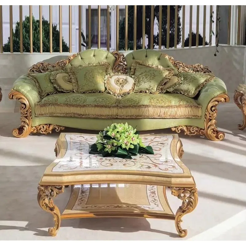 Luxury Hand Carved Solid Wood Sofa with Gold Foil and Shell Inlaid Coffee Table Set Stylish Living Room Furniture