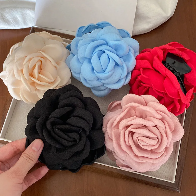 Solid Color Fabric Big Rose Hair Clip for Women Elegant Back of The Head Shark Clip Fashion Girl Hair Clamp Hair Accessories image 3