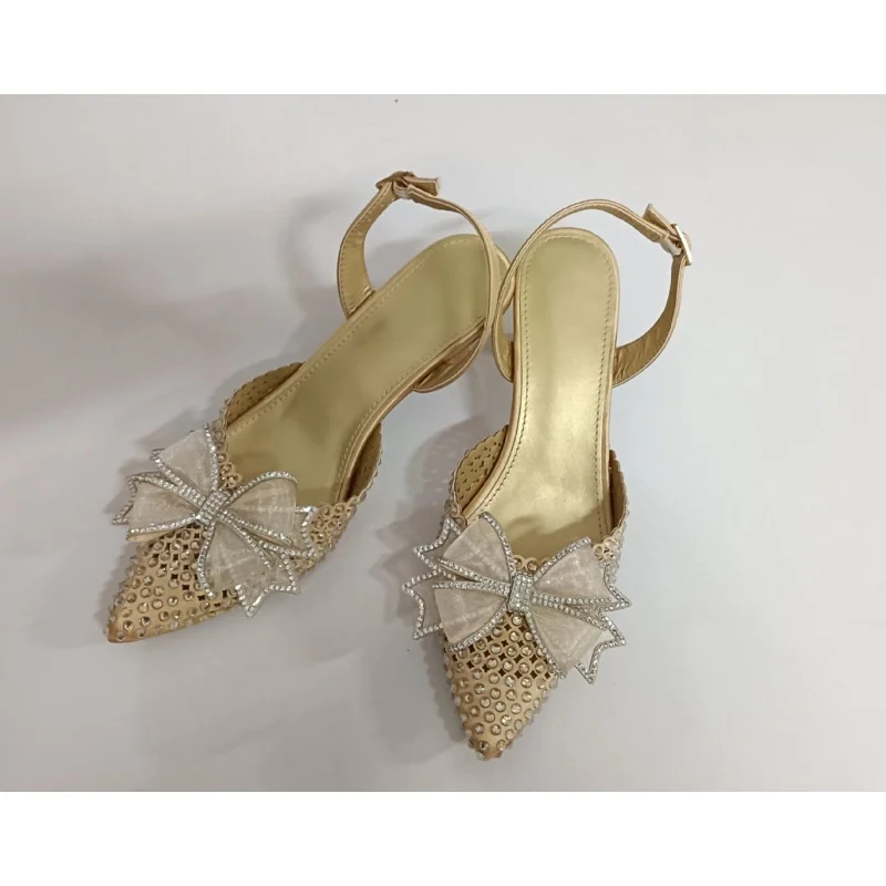 

Женские босоножки на каблуке с золотым острым носком и узлом-бабочкой, женские летние женские туфли с открытой пяткой на пятке, Wed