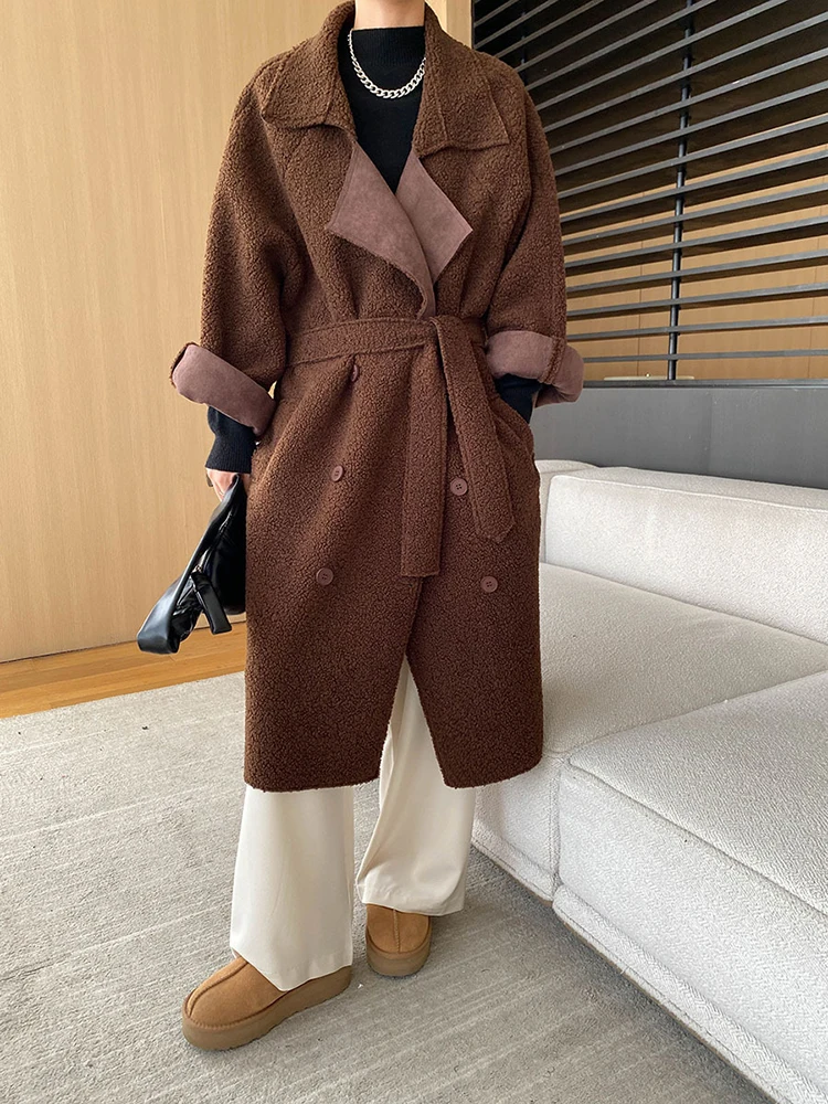 [EAM] Coffee Lambswool Big Size Thick Warm Jacket New Lapel Long Sleeve Women Coat Fashion Tide Autumn Winter 2024 1DH7818