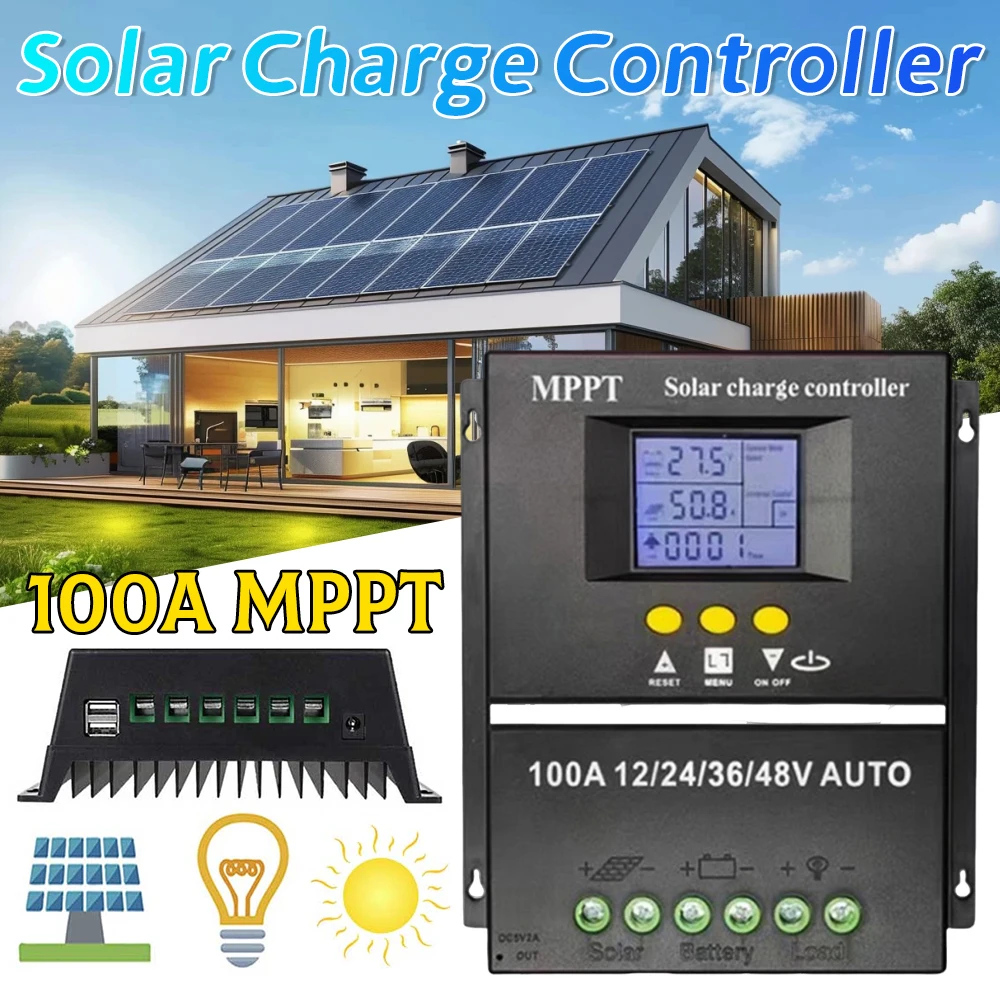 

100A MPPT Solar Charge Controller 12V 24V 36V 48V Auto Regulator with LCD Dual USB for Lead-Acid Lithium Solar Panel Battery New