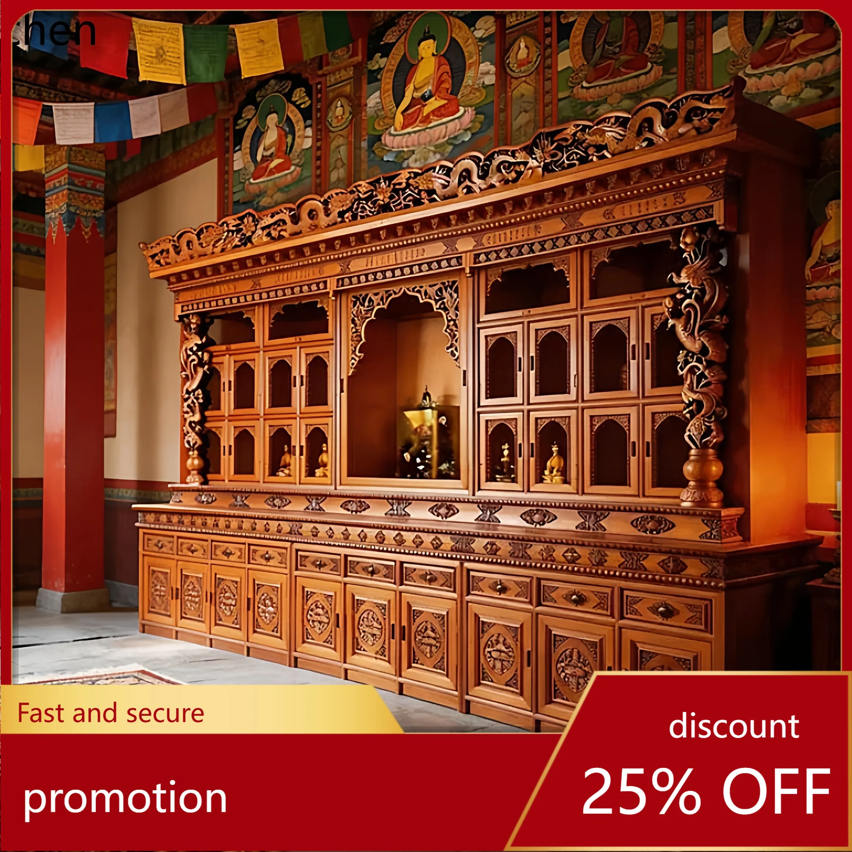 Cz carved camphor wood tibetan buddhist niche vertical worship cabinet buddha altar worship eight treasures niche buddhist hall