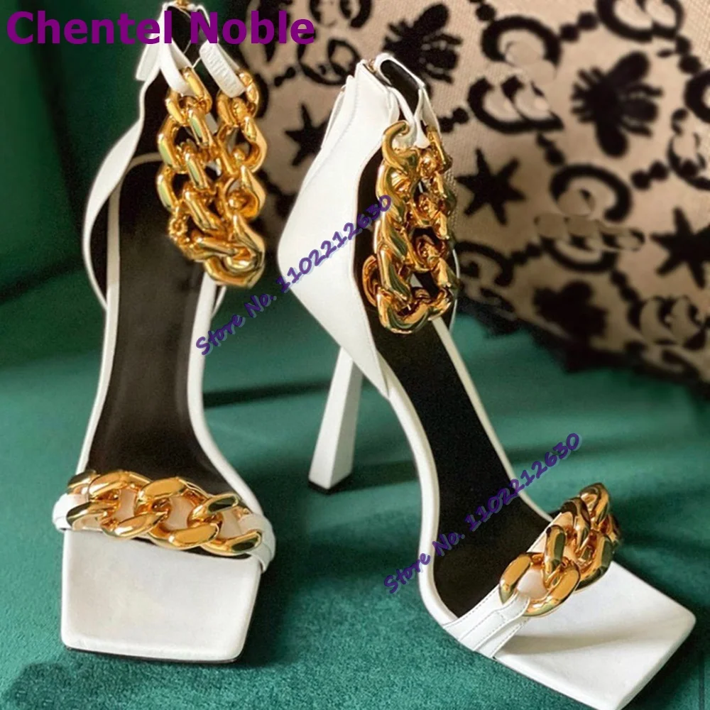 Metal Chain Luxury Sandals Square Toe Cover Heel Open Toe Zipper Stilettos New Arrival Fashion Women Shoes Party Dress Designer