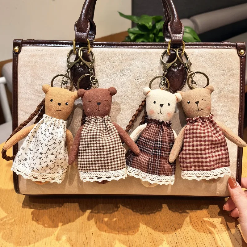 Cute Fabric Bear Keyring Bag Charm Soft Stuffed Pendant for Backpack Purse Girly Artistic Accessory Gift for Women Birthday