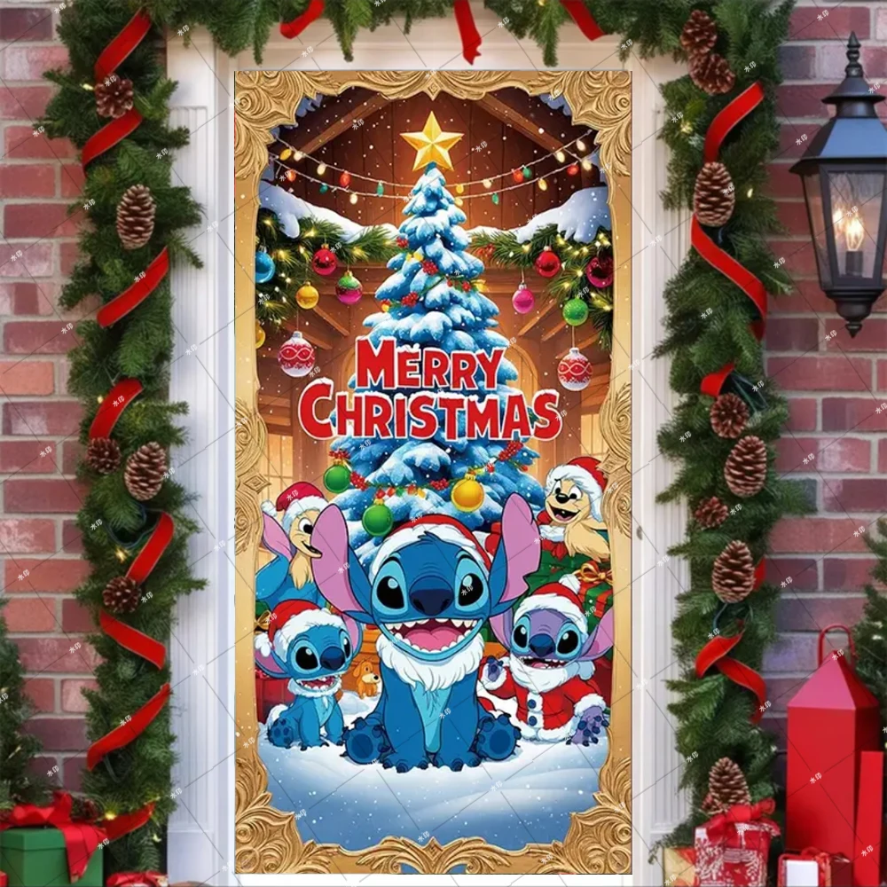 Cute Blue Lilo Stitch Door Cover Baby Shower Photography Backdrop Winter Holiday Christmas Party Decoration Banner Photo Studio