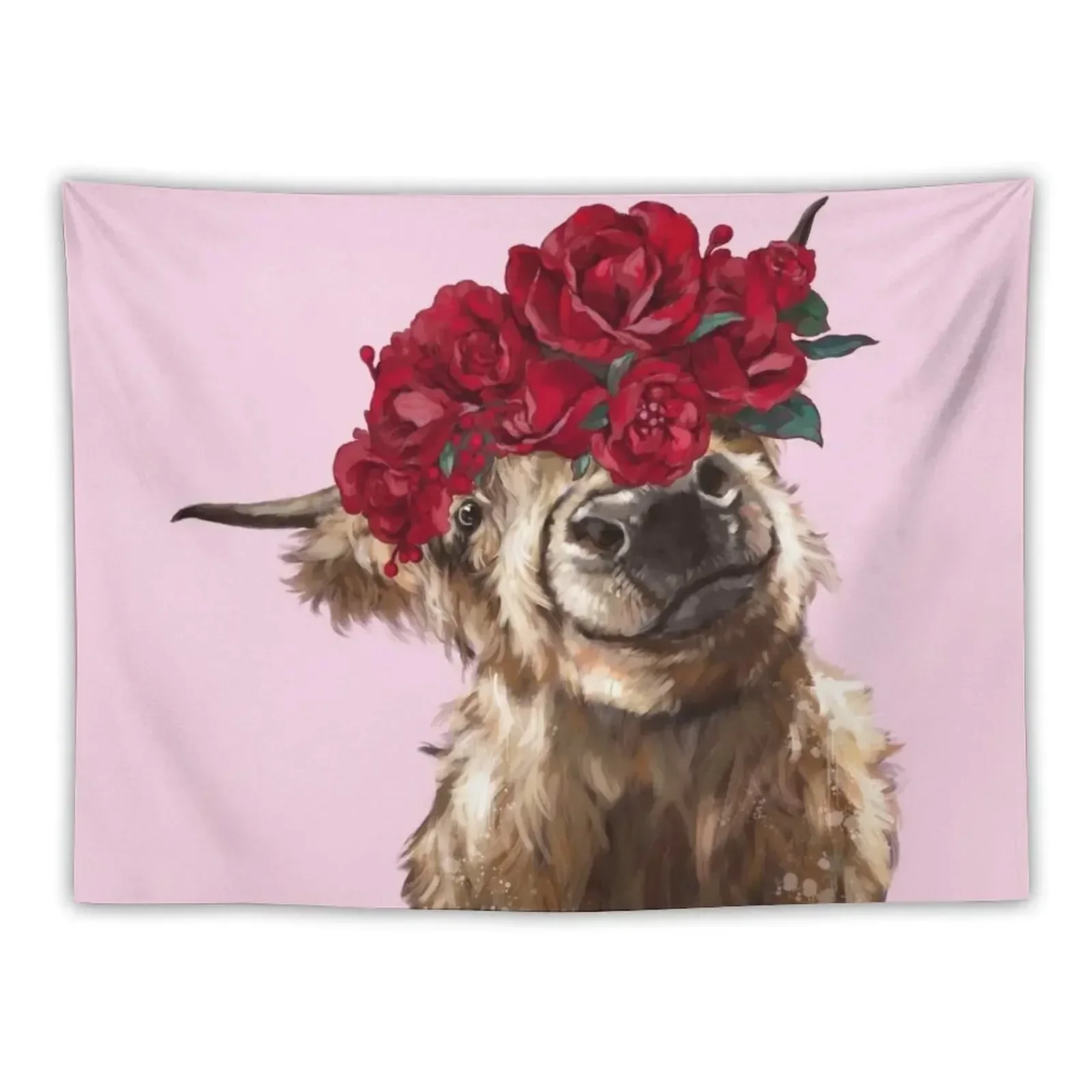 

Highland Cown with Rose Crown in Pink Tapestry Carpet On The Wall Room Aesthetic Wallpaper Bedroom Tapestry