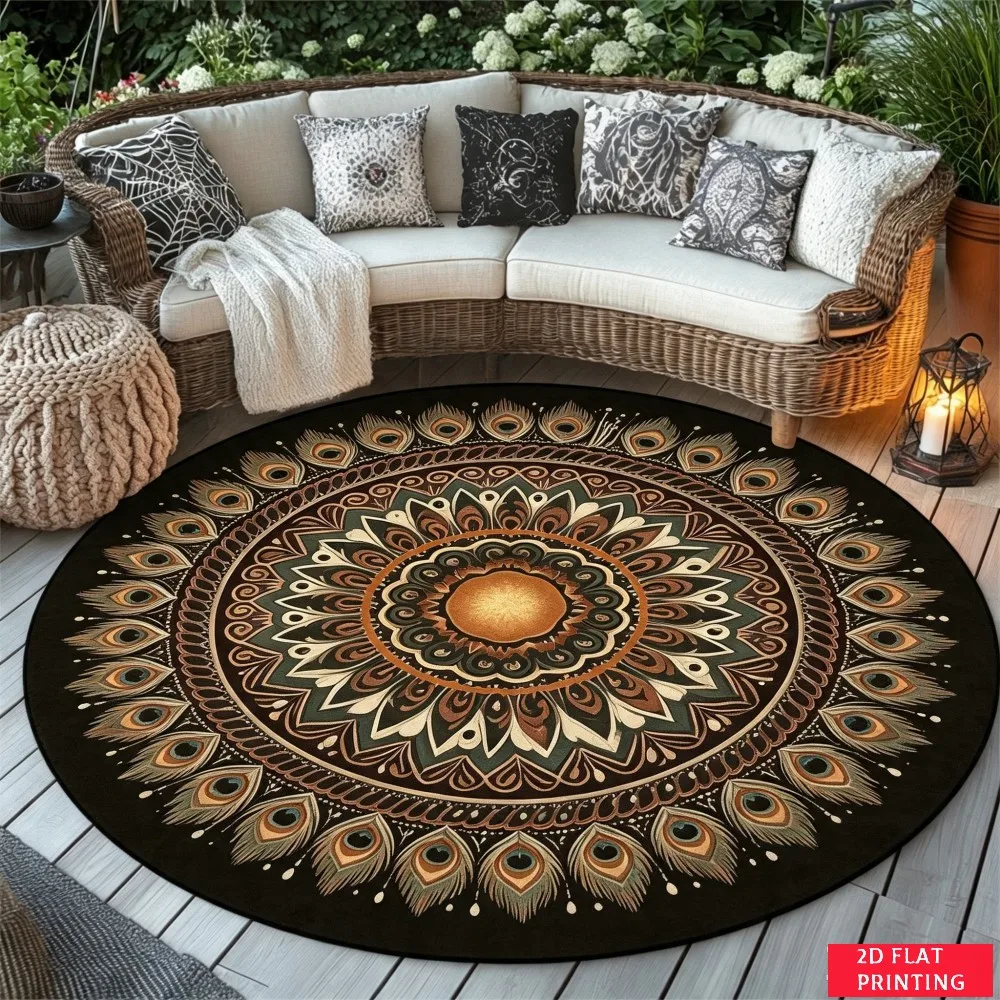 Bohemian Peacock Feather Mandala Earth Tone Round Carpet For Outdoor Patio Featuring Tribal Elegance Carpet Charm