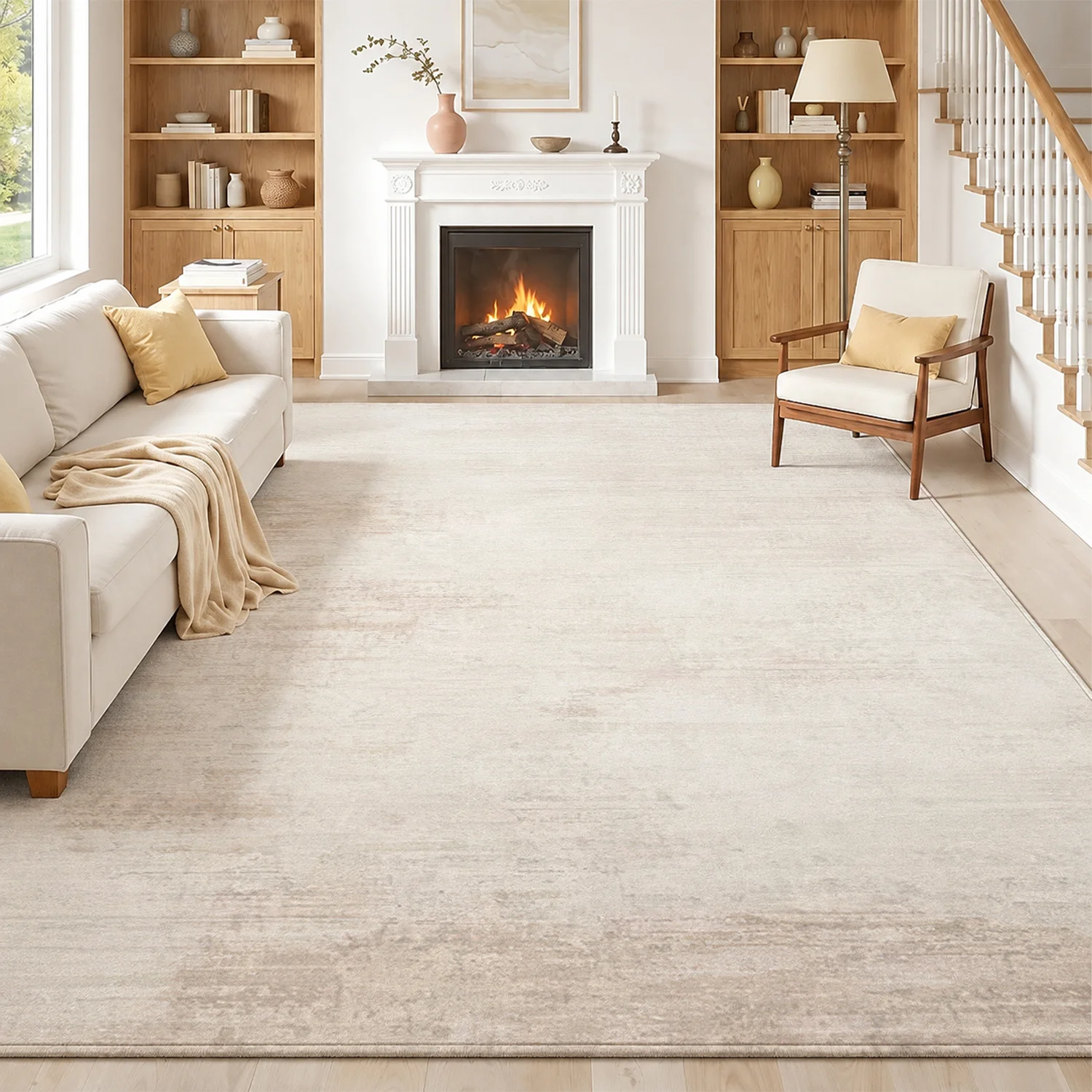 Large Indoor Area Rug, Soft Velvet Low Pile with Non-Slip Dotted Backing, Machine Washable, Light Neutral Distressed Textured Floor Rug for Living Room, Bedroom, Entryway
