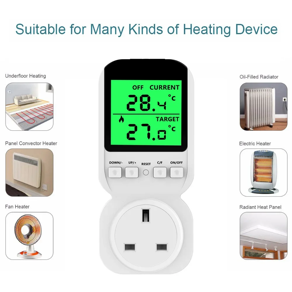 Stable Heater Matching Thermostat Socket Green Backlight Plug And Play Large Screen US EU00