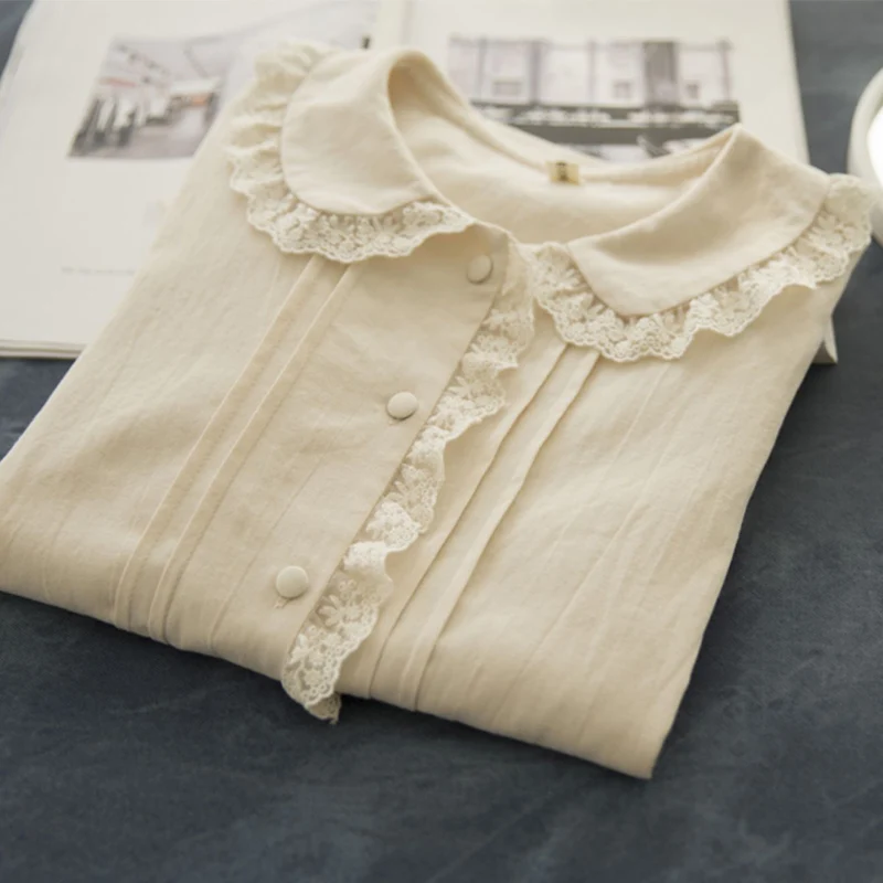 Autumn White Beige Shirt Women Peter Pan Collar Lace Embroidery Hollow Out Long Sleeved Mori Girl Lolita Blouse Tops U023