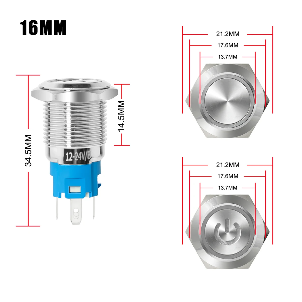 5 Pcs 16mm Push Button Switch Matel Copper Shell Latching Self-Locked Ring Lamp/Power Symbol 12-24V 1NO 1NC