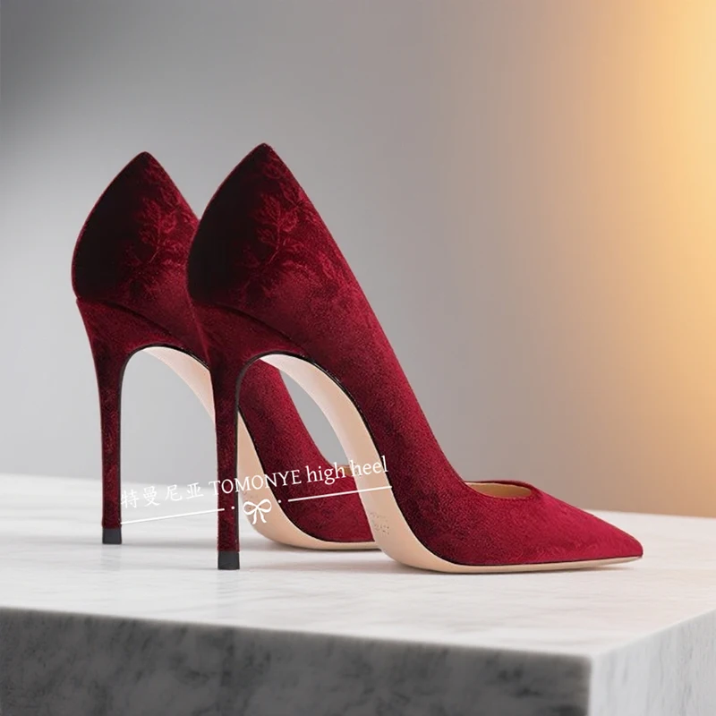 TOMONYE Wine Velvet Pointed Toe  High Heel Shoes Pump Elegant Women Lady Hot Evening Available Big Plus Size On Sale