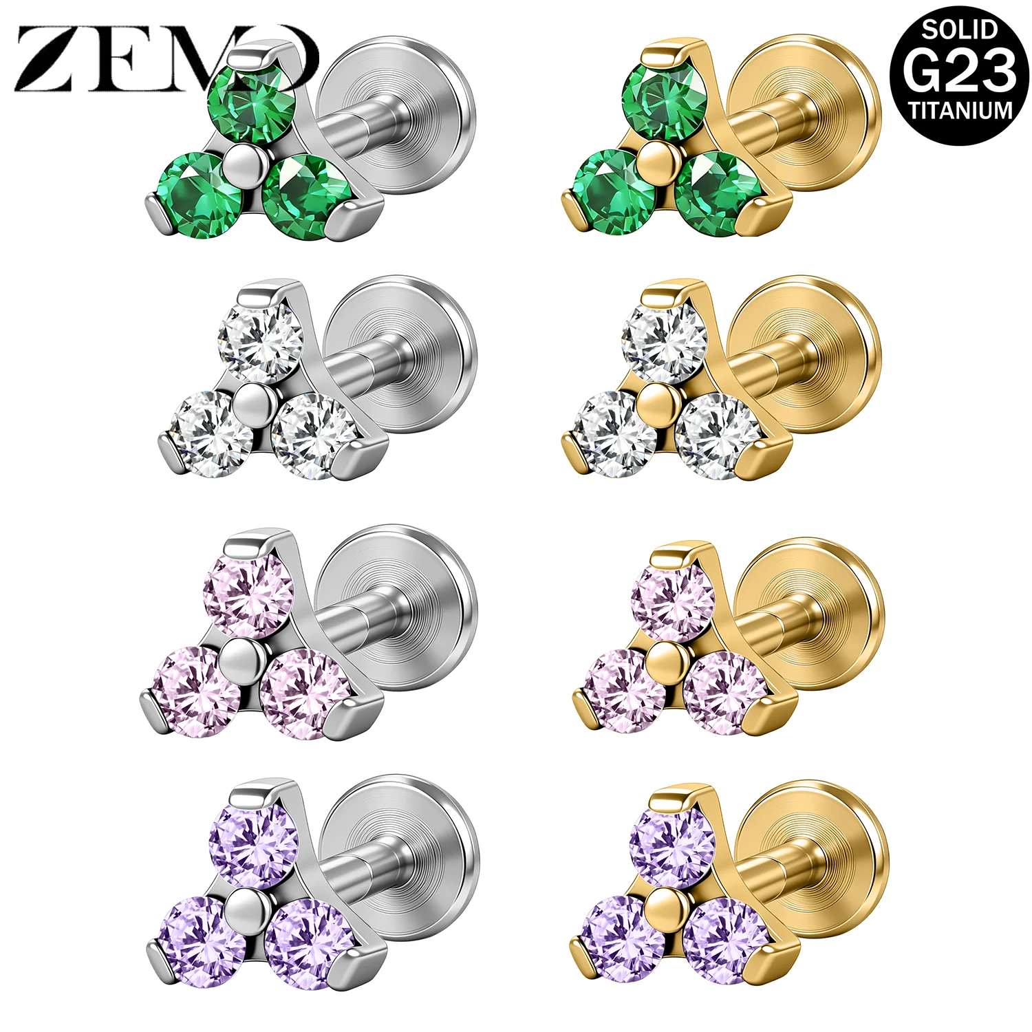 ZEMO 1 Stück 16G ASTM F136 Titan Tiny Labret Lippenstecker Dreifach-CZ-Blumen-Knorpelohrring Helix-Ohrloch-Lippenpiercing-Schmuck 6/8MM