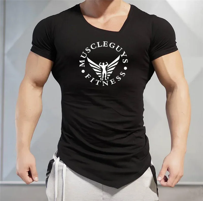 Muscleguys męskie koszulki siłownia marka Fitness kulturystyka ubrania do ćwiczeń mężczyzna bawełniana koszulka sportowa męska plus rozmiar