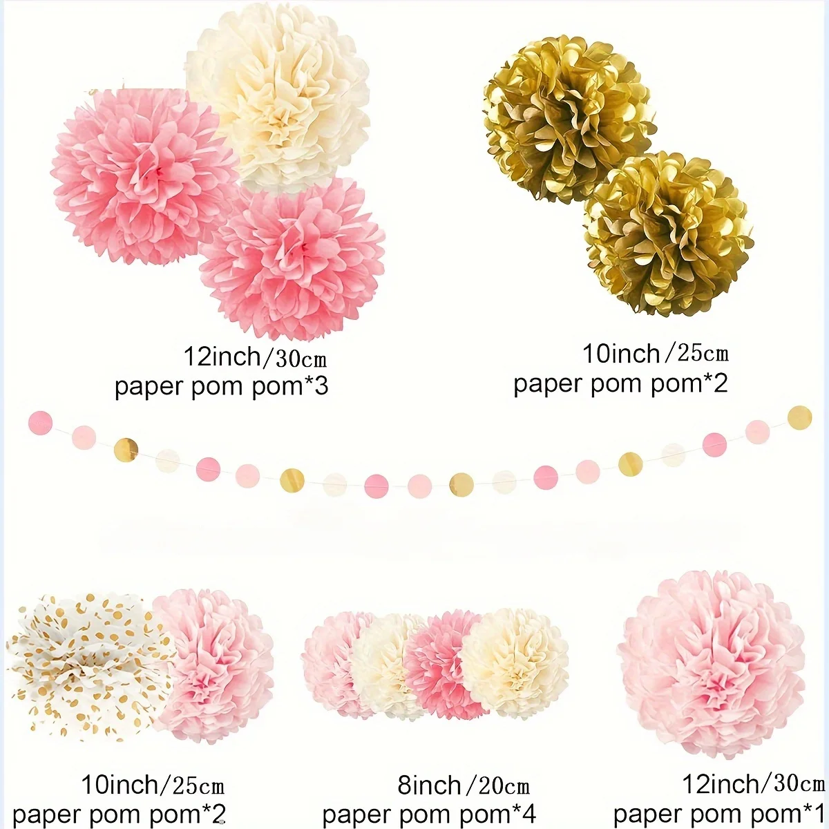 15 Vibrant Paper Pom Poms - Elegant Pink Gold Tissue Flowers for Party Decor - Perfect for Weddings, Birthdays, Showers